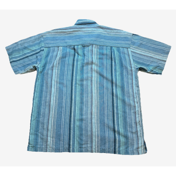 Visitor 100% Linen Men's‎ Casual Shirt L Textured Striped Coastal Beachy Grandpa - Picture 2 of 7